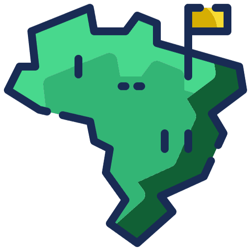 Ilustração do mapa do Brasil, com o contorno em azul escuro e o fundo verde, acima dele tem uma bandeira amarela