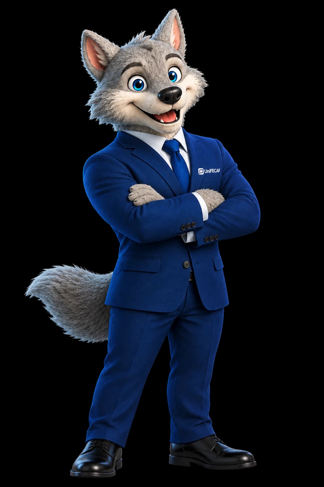 Feroz, mascote da UniFECAF, usando terno