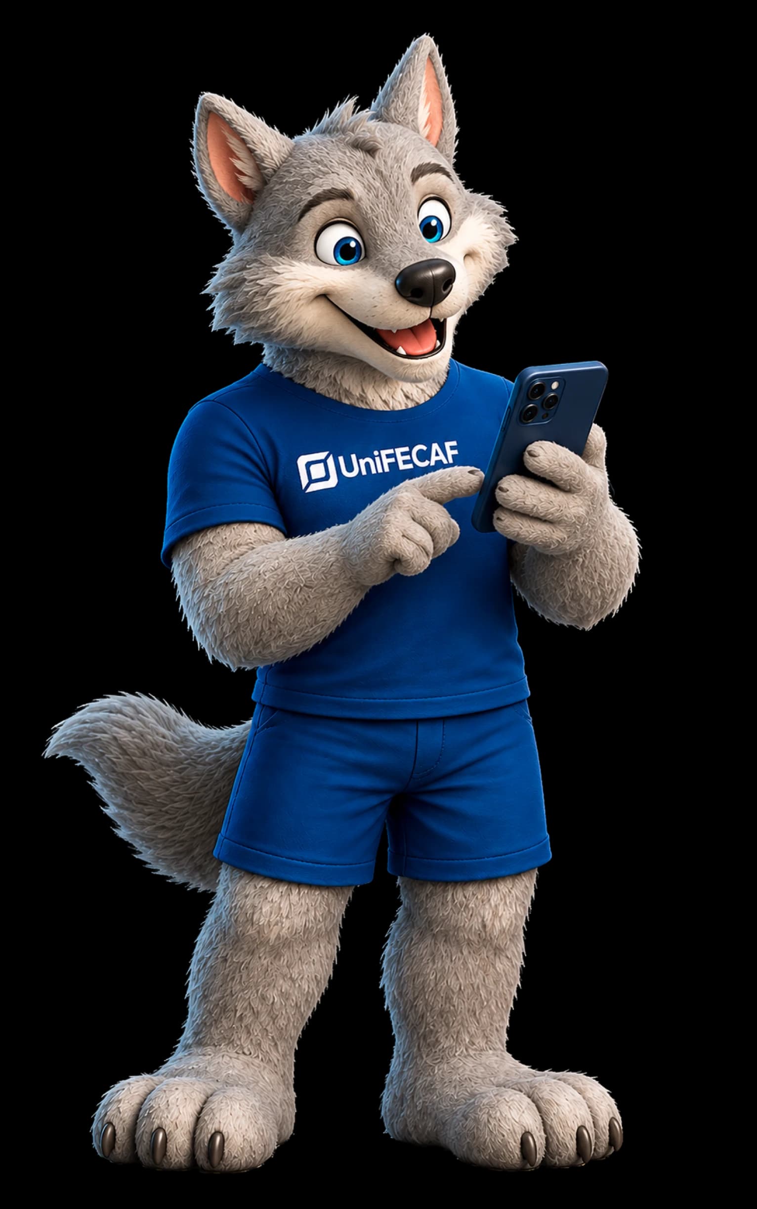 Feroz, mascote da UniFECAF, usando um celular