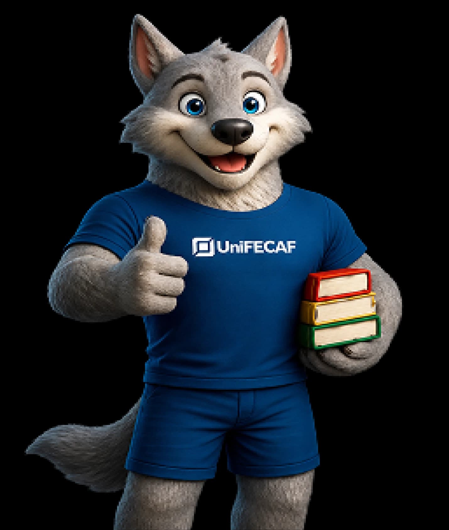 Feroz, mascote da UniFECAF, segurando livros e fazendo sinal de positivo
