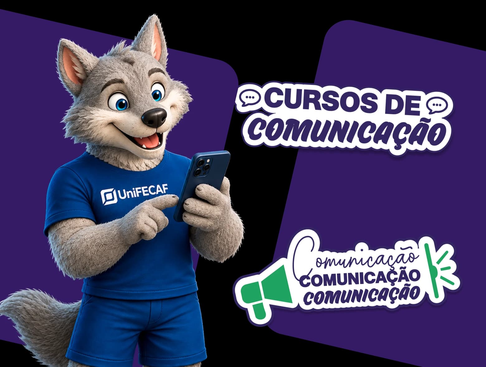 Feroz, mascote da UniFECAF, ao lado dos selos Cursos de comunicação e Comunicação