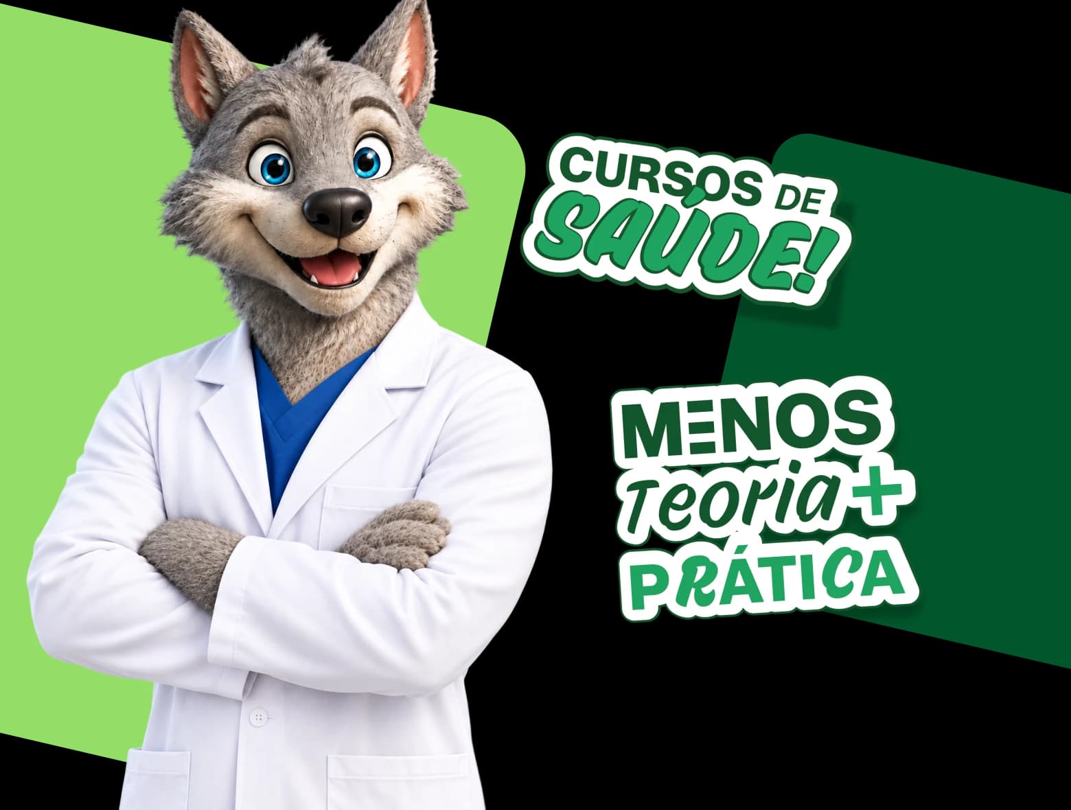Feroz, mascote da UniFECAF, de jaleco ao lado dos selos Cursos de saúde e Menos teoria, mais prática