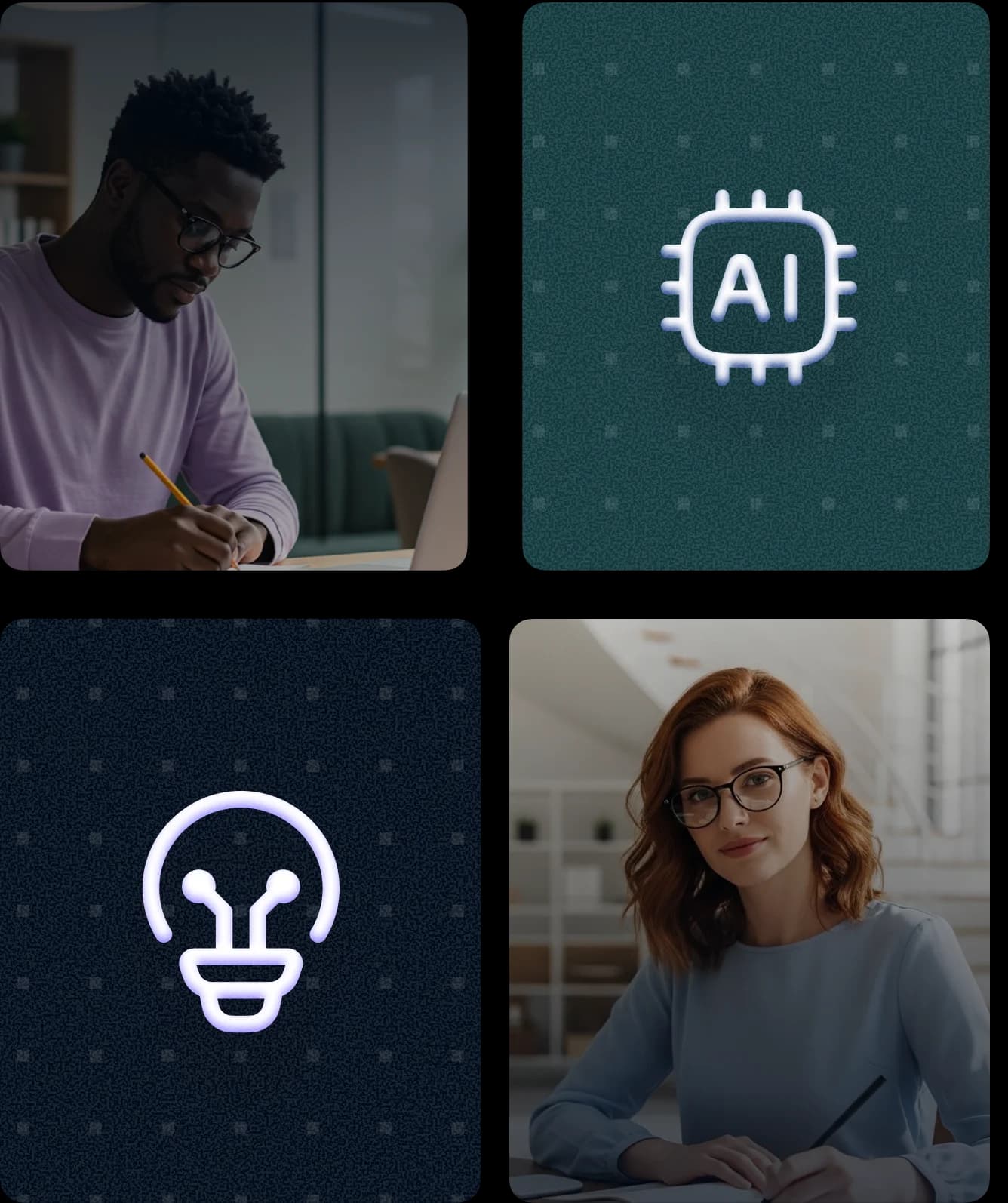 Mosaico com estudantes e ícones de tecnologia