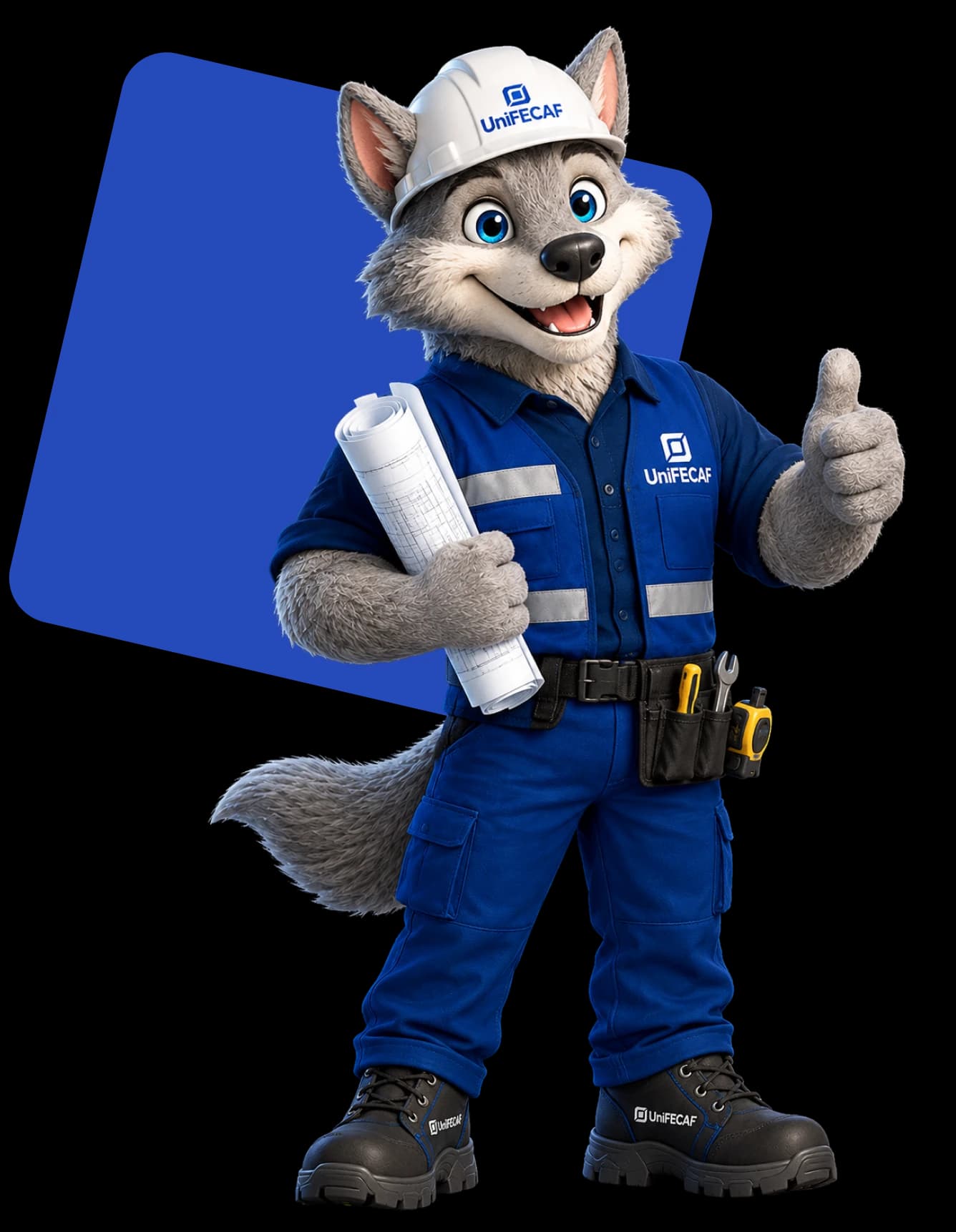 Feroz, mascote da UniFECAF, usando uniforme de engenharia