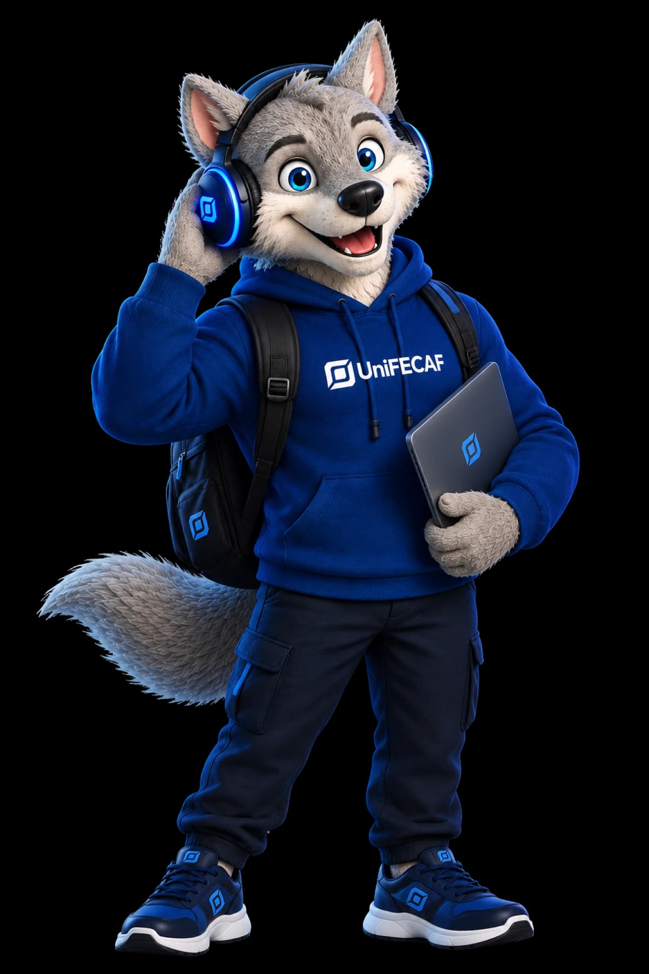Feroz, mascote da UniFECAF, usando fones de ouvido e segurando um notebook
