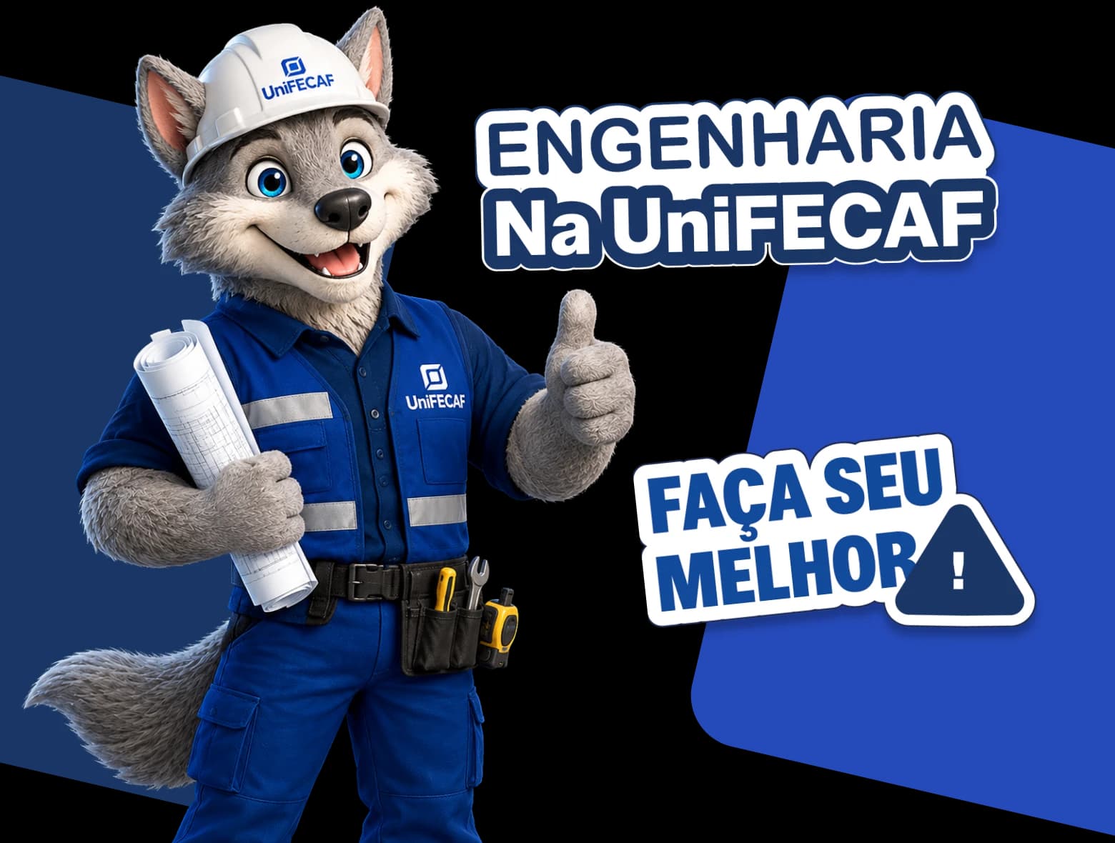 Feroz, mascote da UniFECAF, ao lado dos selos Engenharia na UniFECAF e Faça seu melhor