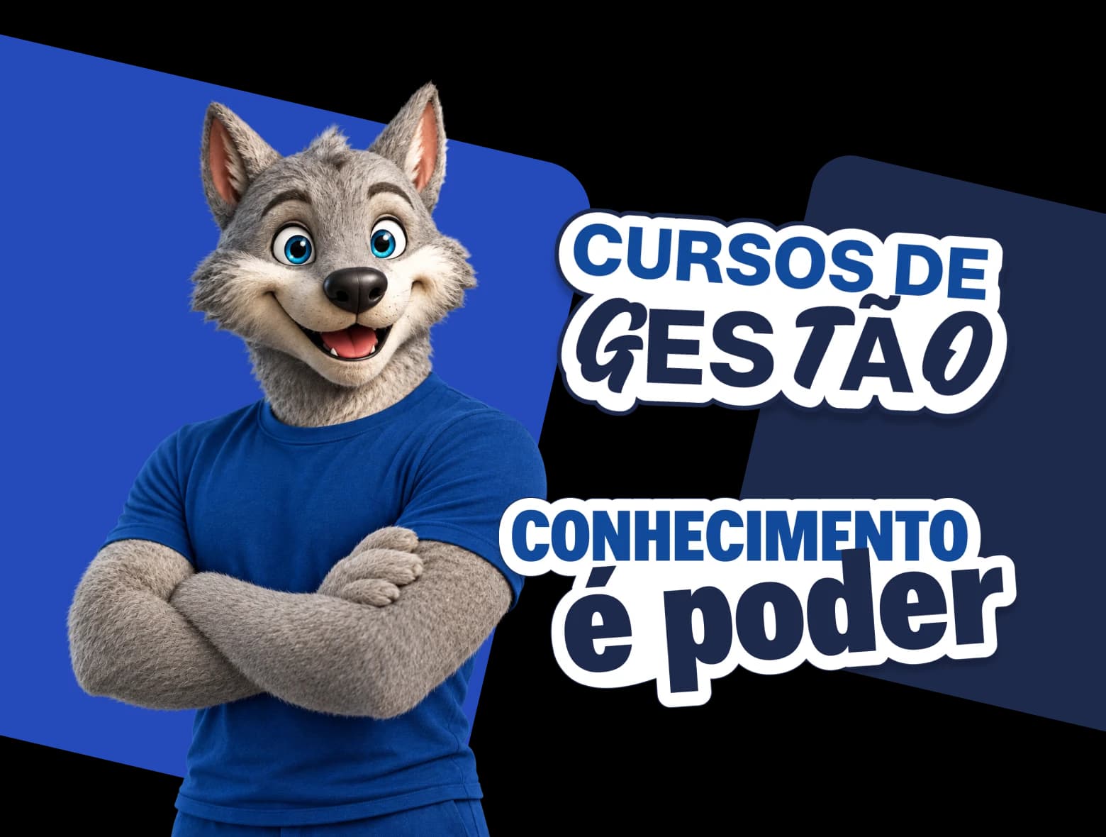 Feroz, mascote da UniFECAF, ao lado dos selos Cursos de gestão e Conhecimento é poder