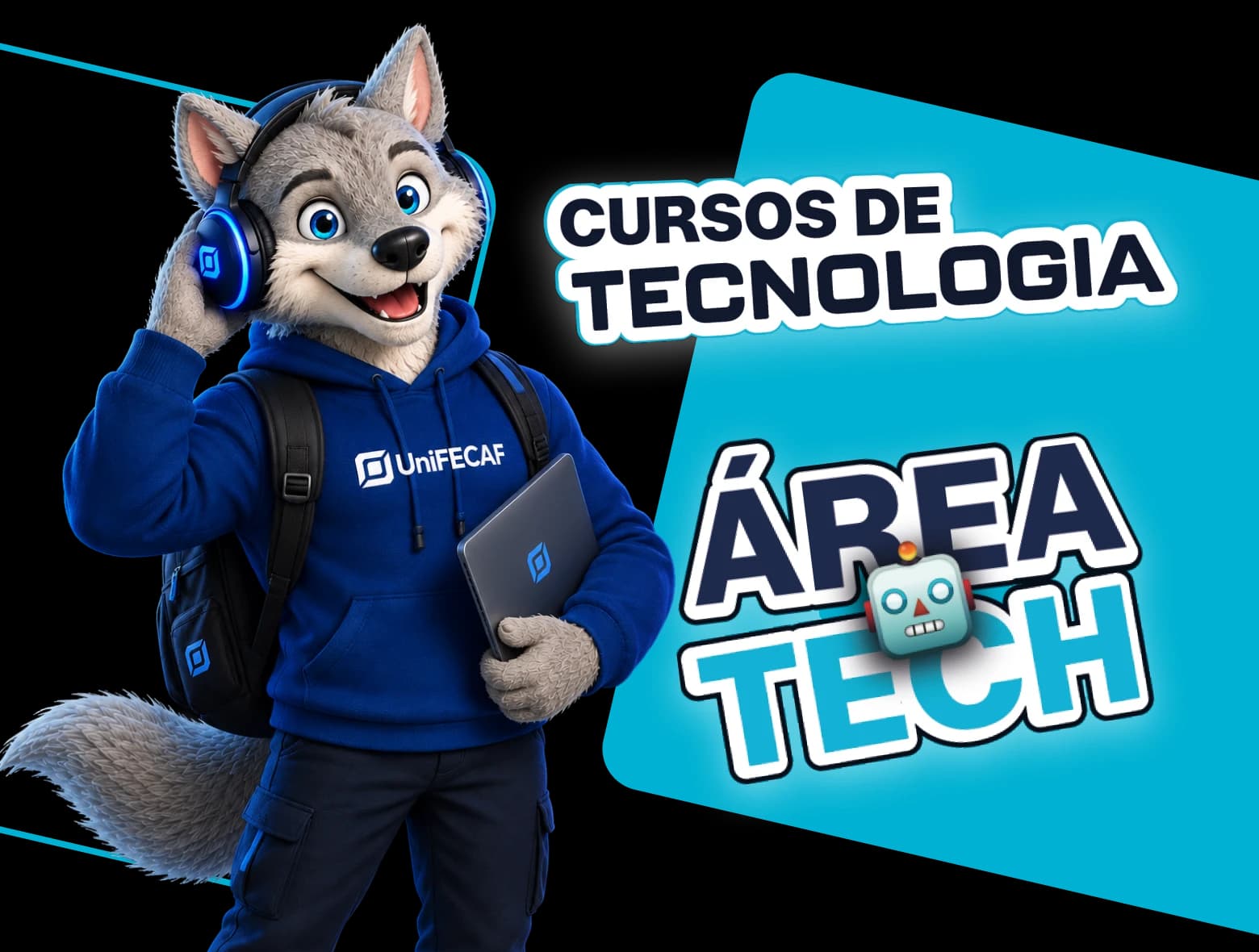 Feroz, mascote da UniFECAF, ao lado dos selos Cursos de Tecnologia e Área Tech
